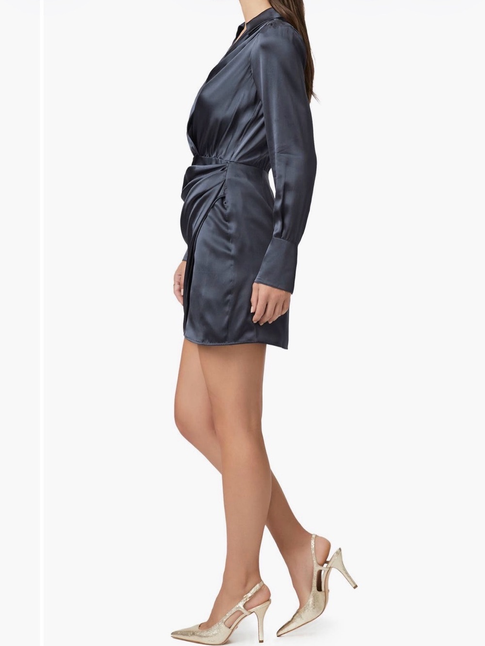 Paige Satin Wrap Mini Dress in Charcoal - Picture 2 of 4